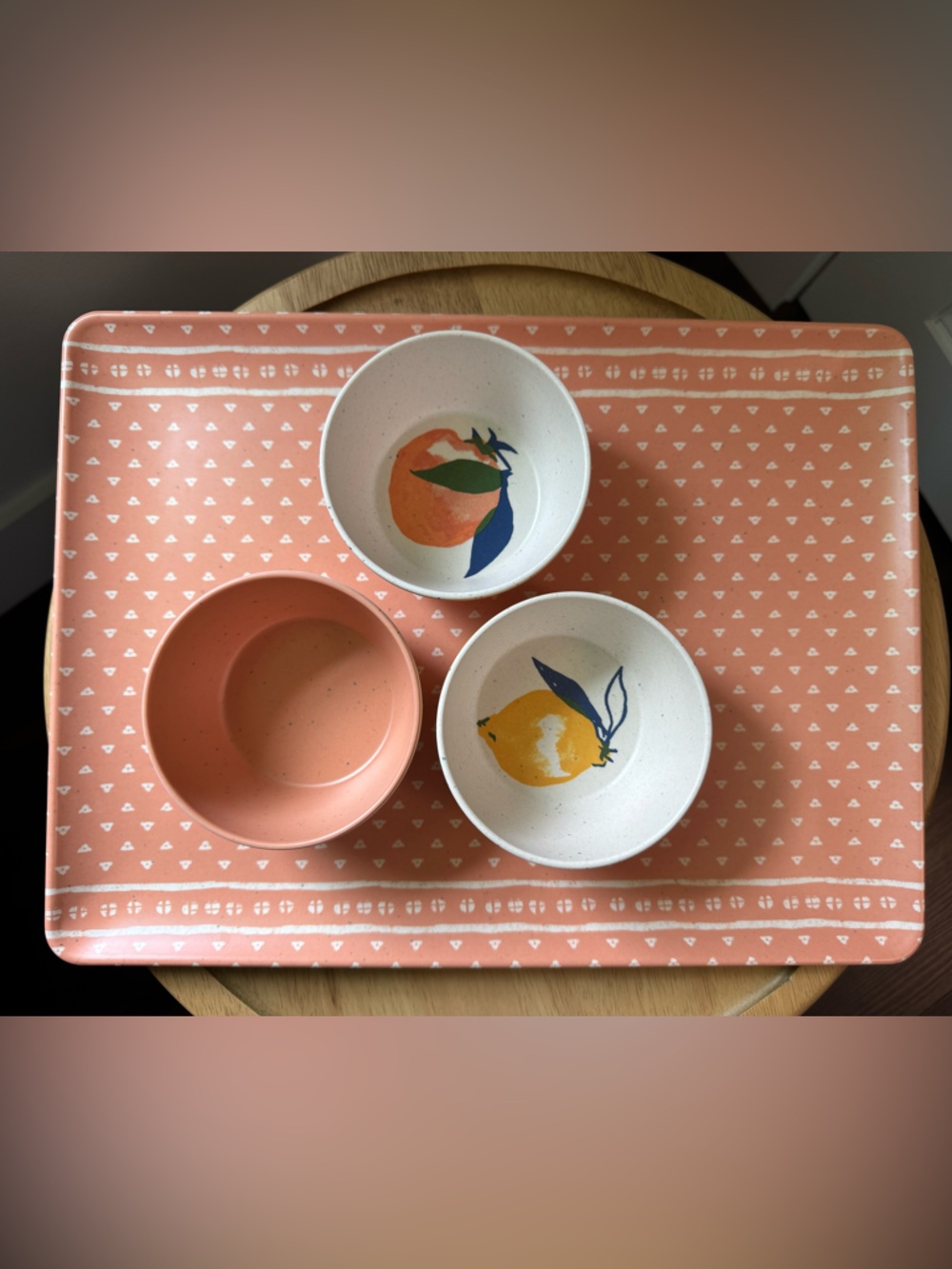 Threshold Melamine Serving Tray and Set of 3 Dip Bowls—Lemon/Orange Motif